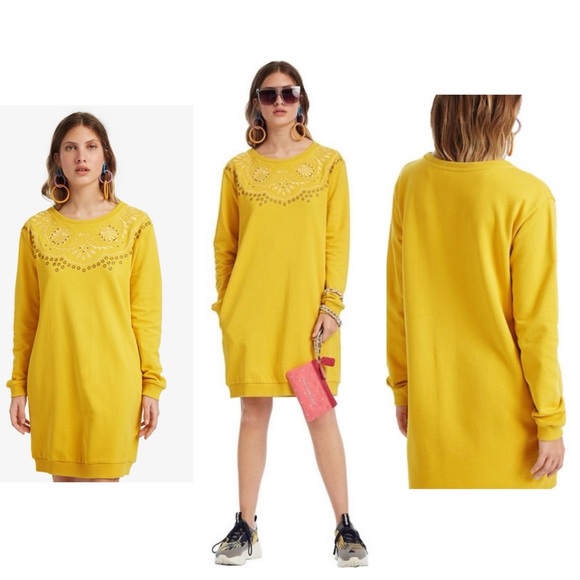 Desigual Yellow Embellished Embroidered Long Sleeve Glory All Day Dress Small - Picture 1 of 14